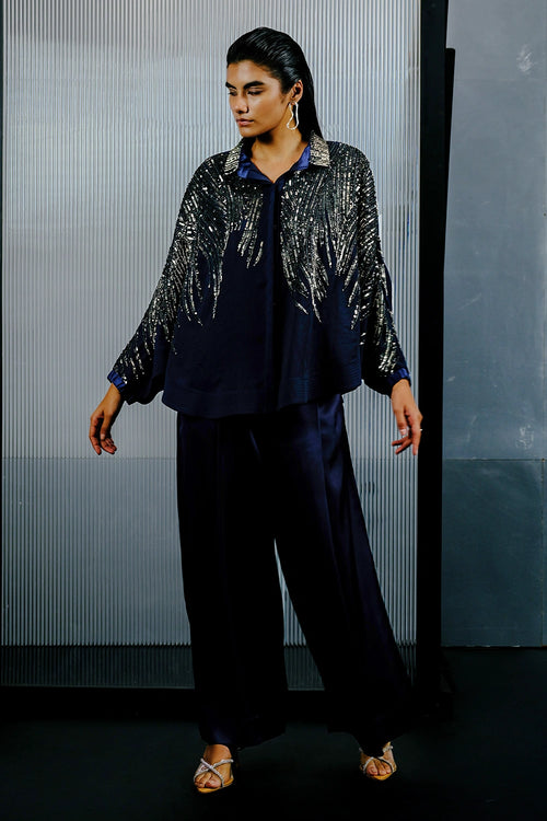 Blue & Silver Multitoned Embellished Shirt with Stain Pants