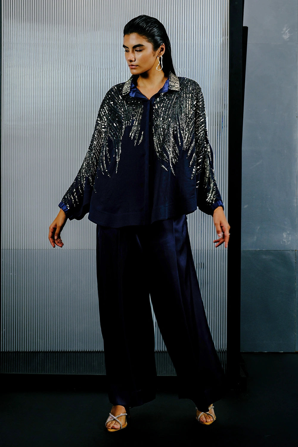 Blue & Silver Multitoned Embellished Shirt with Stain Pants
