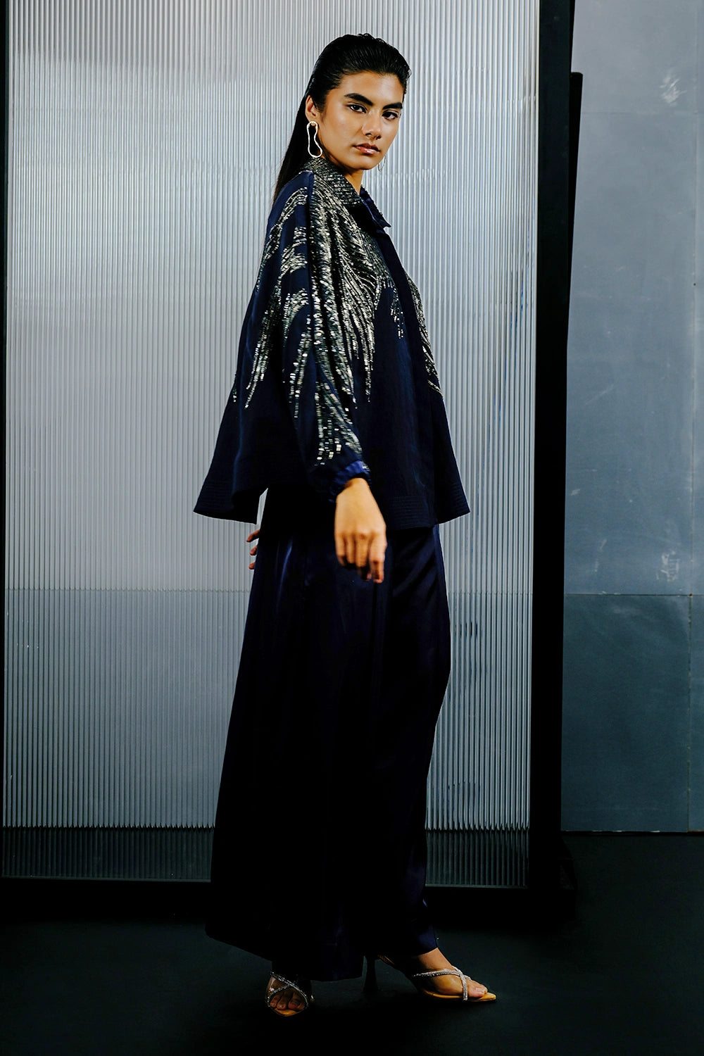 Blue & Silver Multitoned Embellished Shirt with Stain Pants