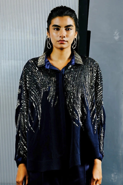 Blue & Silver Shirt with Multitoned Embellishments