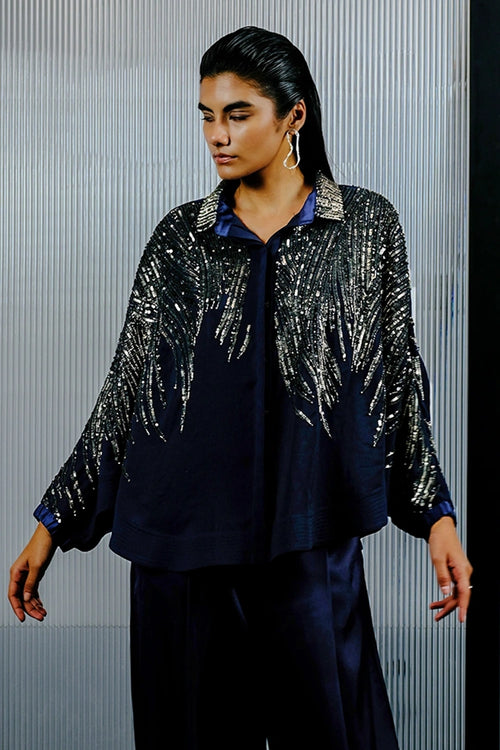 Blue & Silver Shirt with Multitoned Embellishments