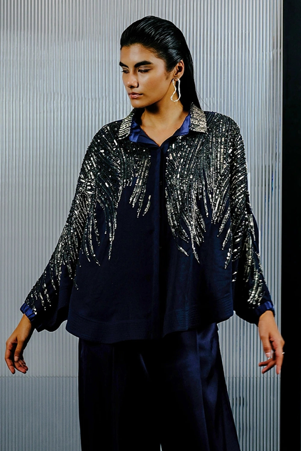 Blue & Silver Shirt with Multitoned Embellishments