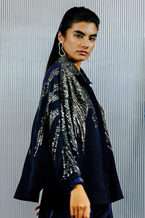 Blue & Silver Shirt with Multitoned Embellishments