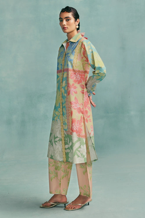 Multi Patchwork Collared Kurta Set