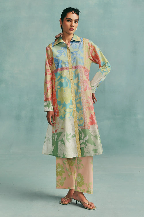Multi Patchwork Collared Kurta Set