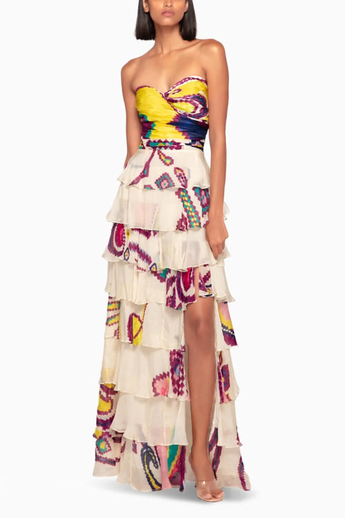 Paisley Print Tiered Strapless Dress