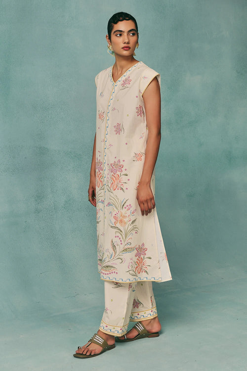 Ecru Hibiscus Sleeveless Kurta Set