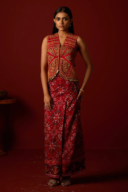 Red Marodiwork Gilet with Patola Box Skirt and Banarasi Dupatta