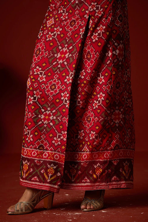 Red Marodiwork Gilet with Patola Box Skirt and Banarasi Dupatta