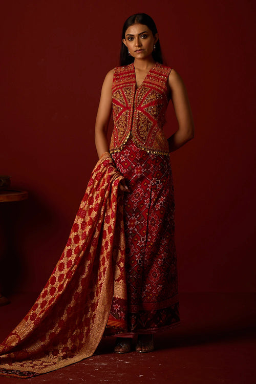 Red Marodiwork Gilet with Patola Box Skirt and Banarasi Dupatta