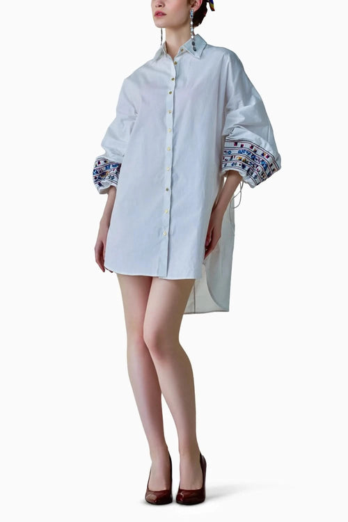 Elsa Oversized Batwing Shirt with Embroidered Smocked Sleeves