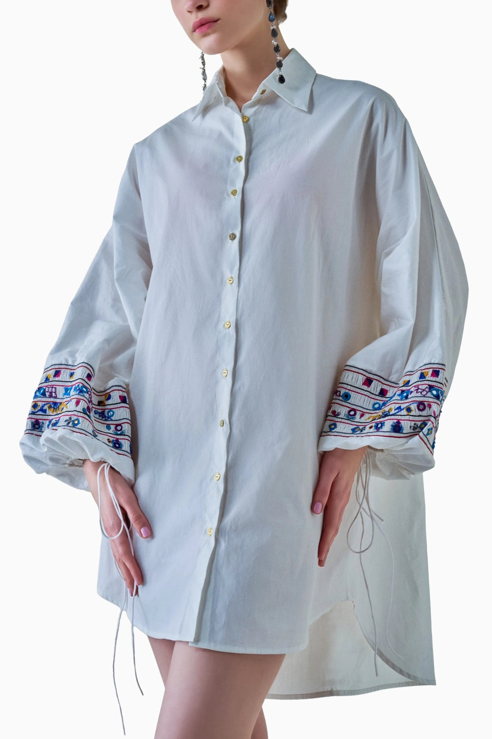 Elsa Oversized Batwing Shirt with Embroidered Smocked Sleeves