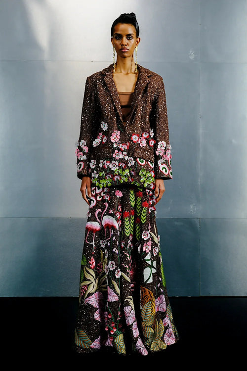 Brown Net Jacket in Multi-Tone Embellishments with Mocha Bell-Bottom Pants