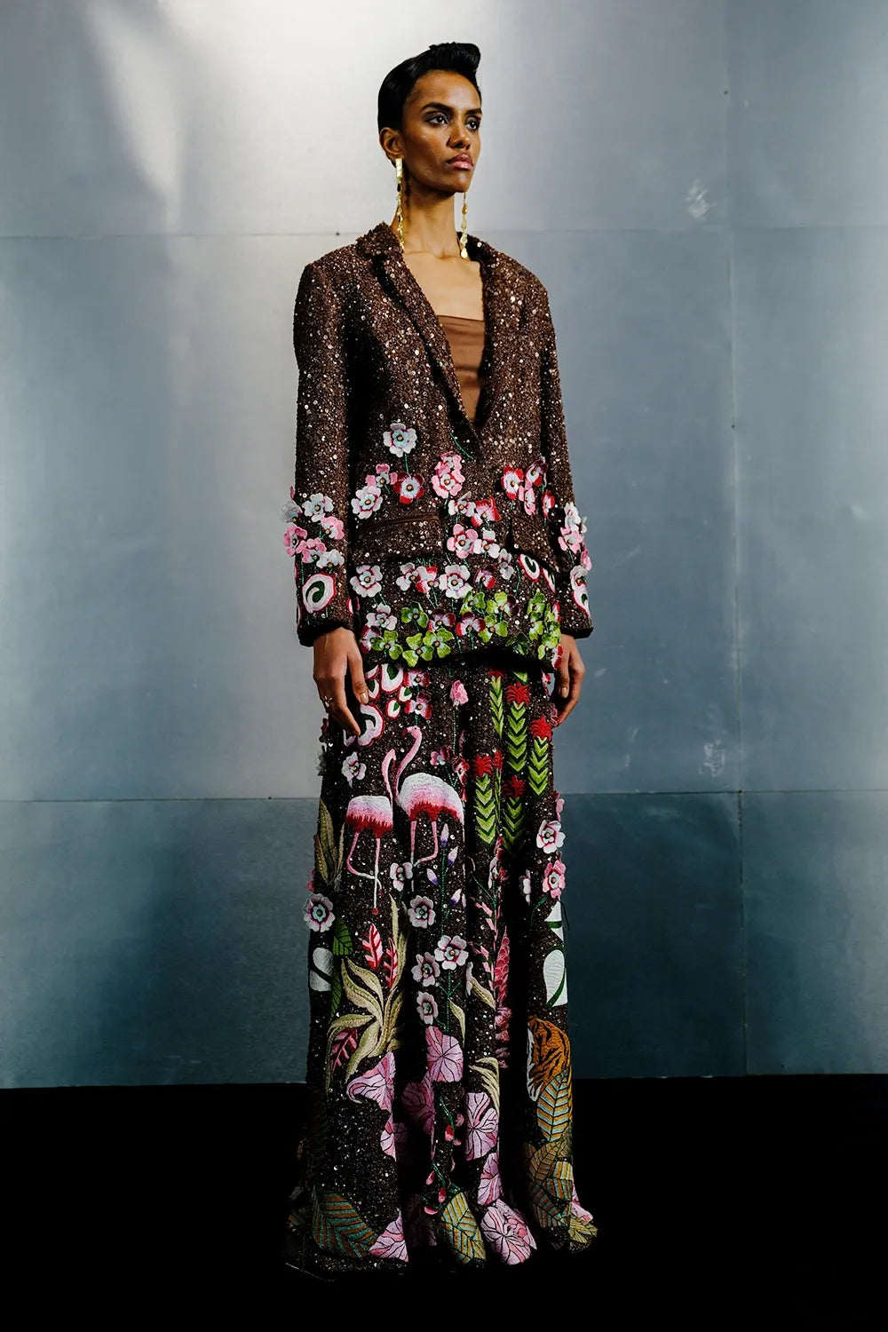 Brown Net Jacket in Multi-Tone Embellishments with Mocha Bell-Bottom Pants