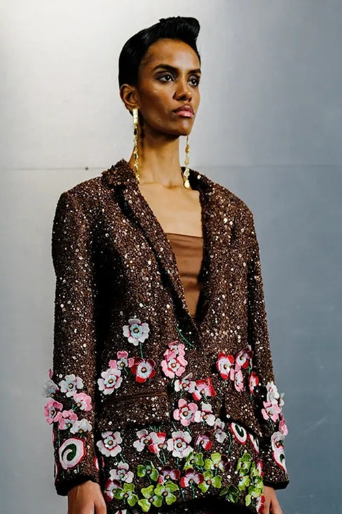 Brown Net Jacket in Multi-Tone Embellishments