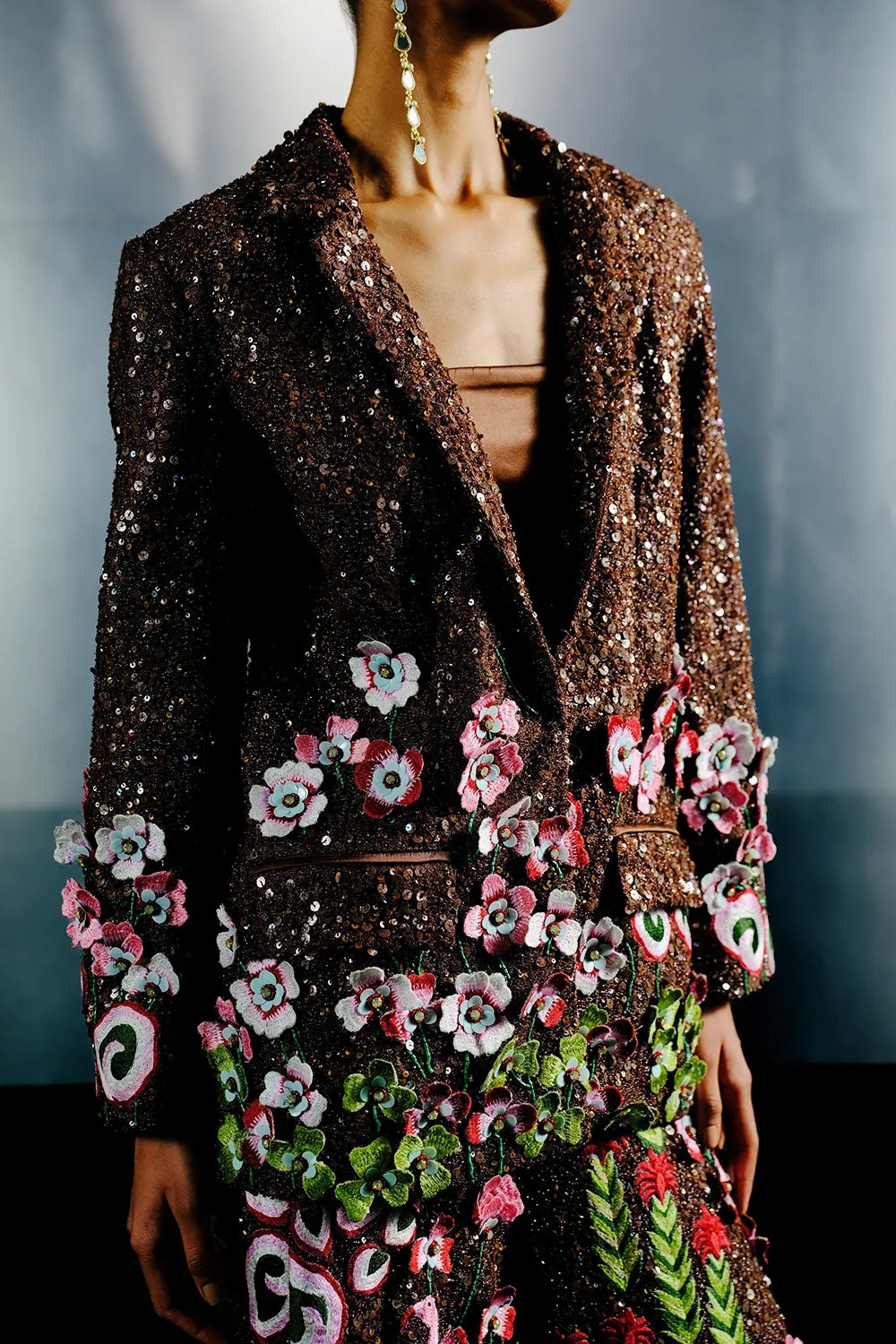 Brown Net Jacket in Multi-Tone Embellishments with Mocha Bell-Bottom Pants