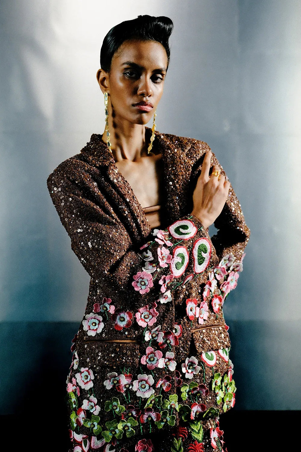 Brown Net Jacket in Multi-Tone Embellishments