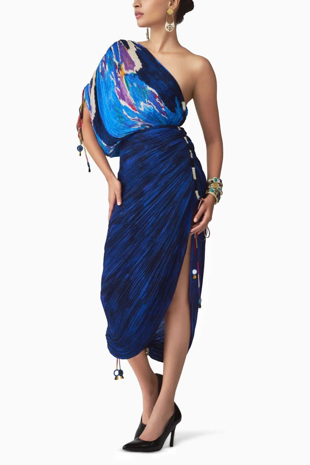 Mira Dual Ikat One-Shoulder Pleated Sari Dress