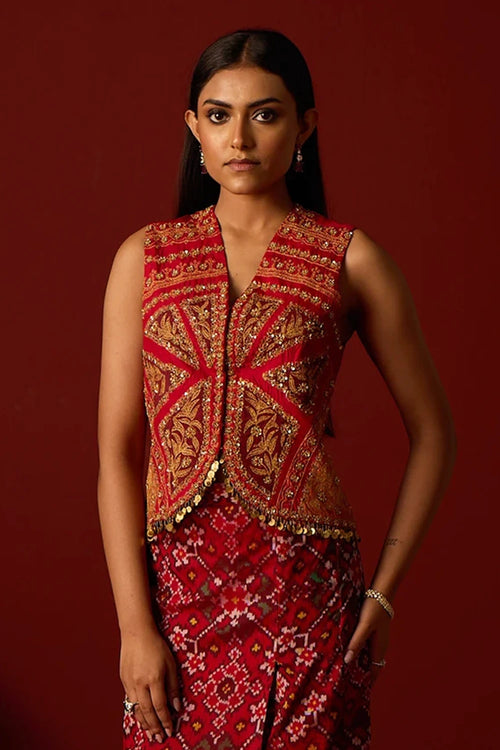 Red Marodiwork Gilet with Patola Box Skirt and Banarasi Dupatta