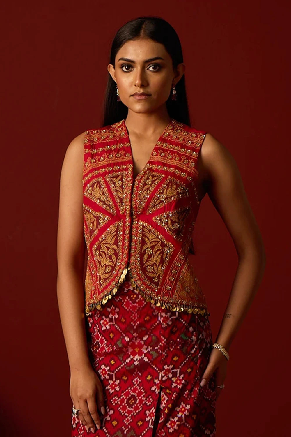 Red Marodiwork Gilet with Patola Box Skirt and Banarasi Dupatta