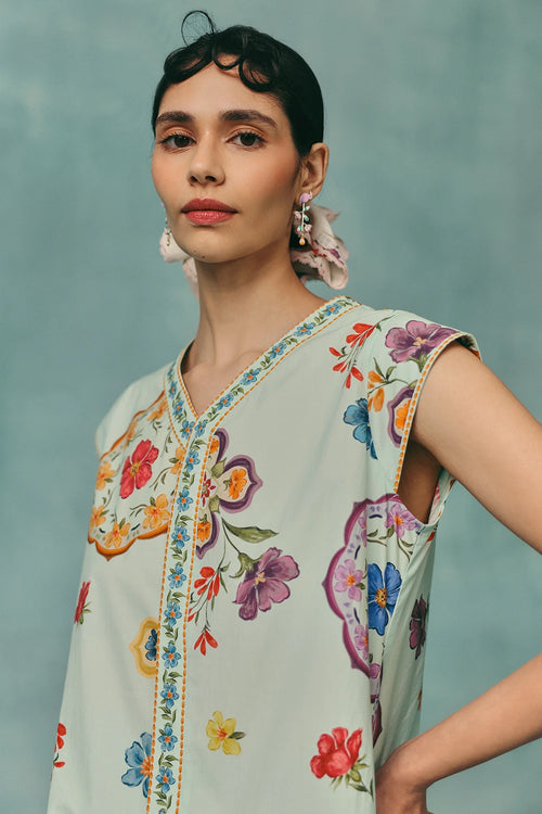 Blue Daisy Sleeveless Kurta Set With Dupatta