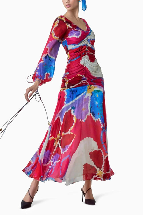 Ariel Ikat Print Maxi Dress with Balloon Sleeves