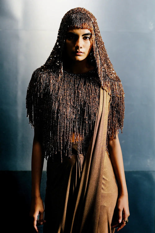 Mocha Brown Stretch Net Sequin-Bugle Bead Top