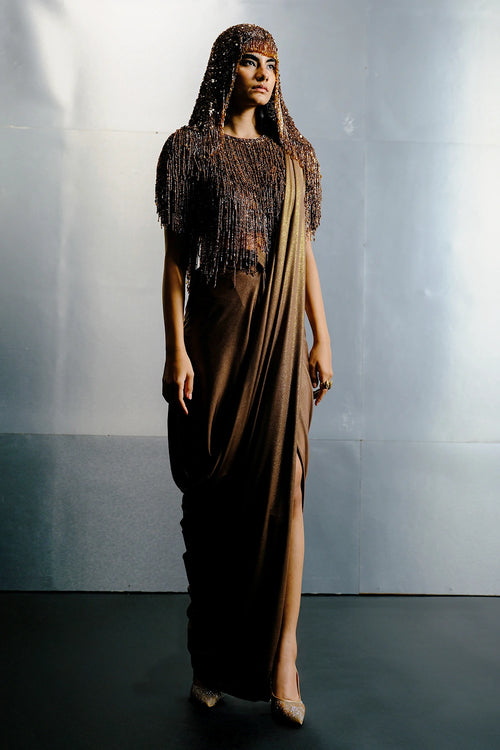 Mocha Brown Stretch Net Sequin-Bugle Bead Top with Draped Sari and Beaded Headgear