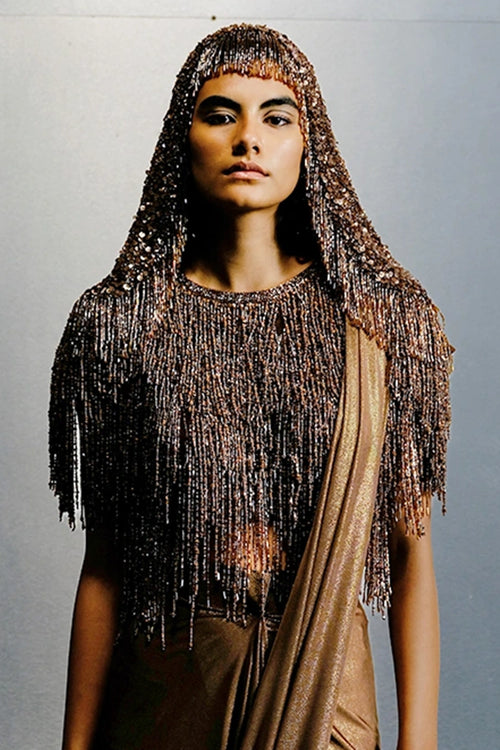 Brown Stretch Net Sequin-Bead Embellished Headgear