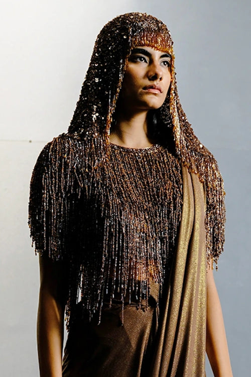 Mocha Brown Stretch Net Sequin-Bugle Bead Top