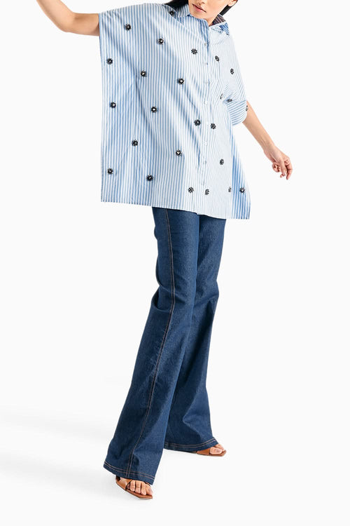 Stripe Embellished Blue Kaftan Shirt