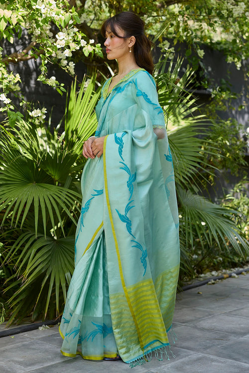 Playful Flight Blue Jamdani Saree With Blouse