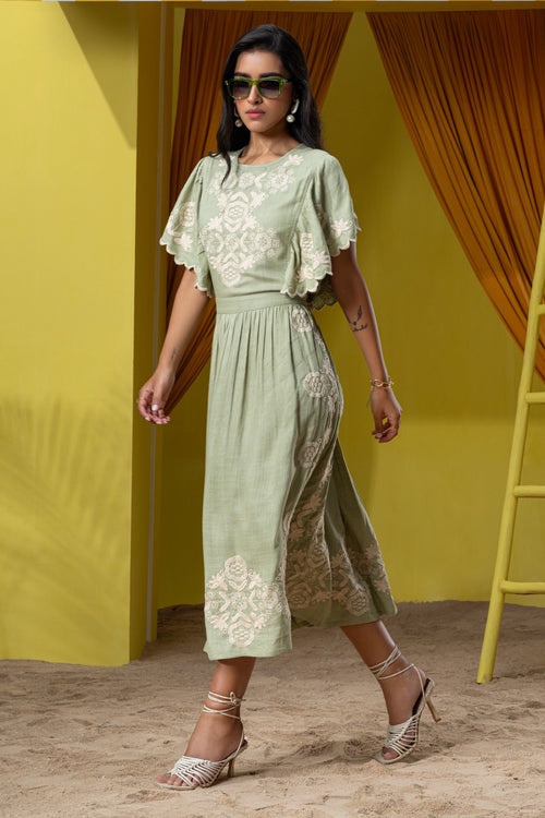 Green Flutter Sleeves Embroidered Midi Dress