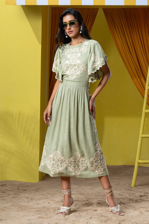 Green Flutter Sleeves Embroidered Midi Dress