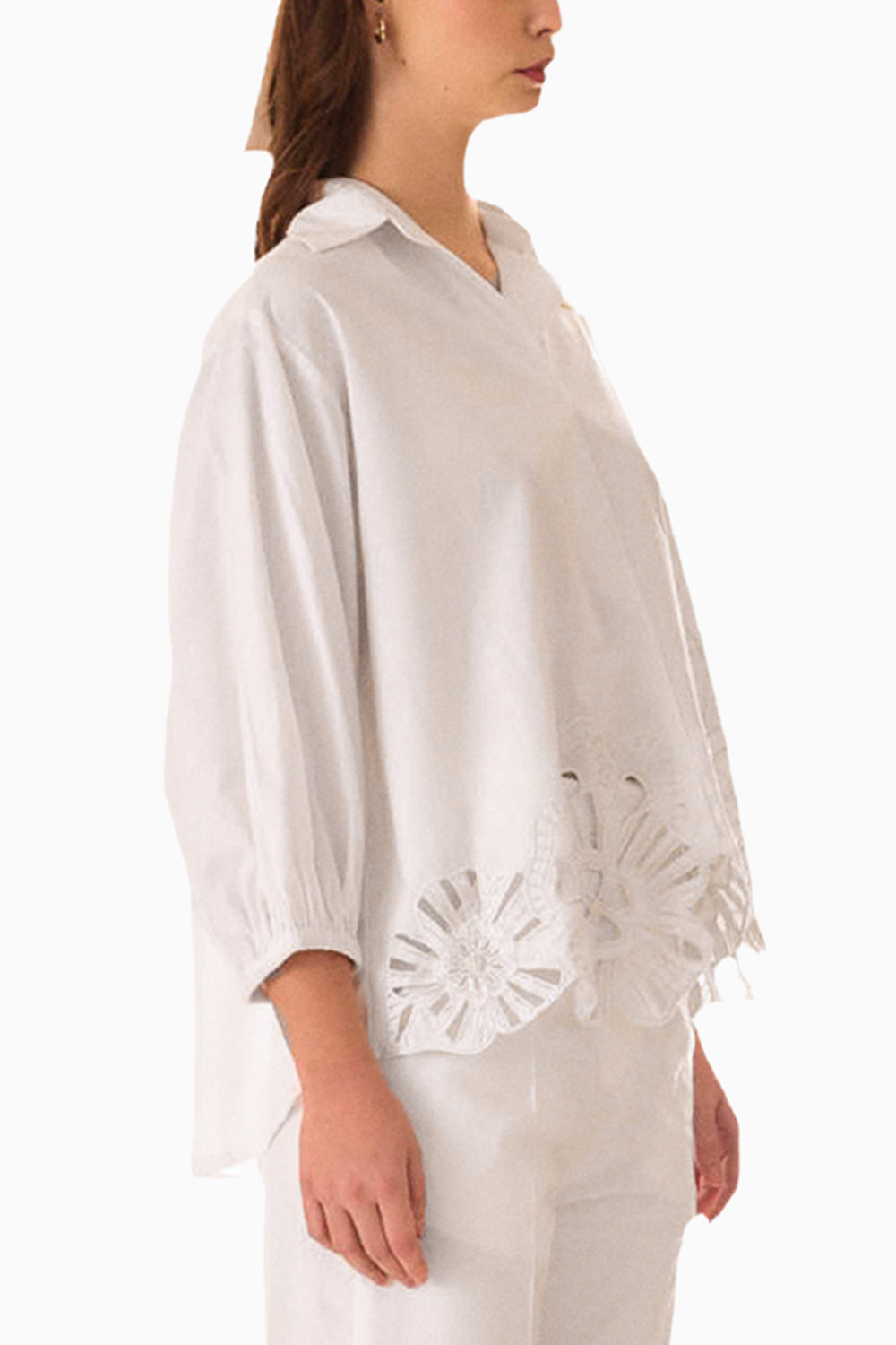 White Gathered Embroidered Bloom Cutwork Blouse