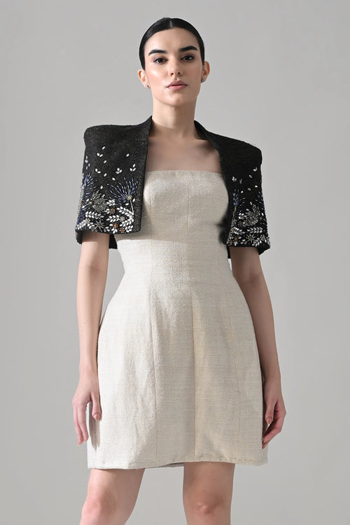 Ivory Textured Short Dress With Black Embroidered Bolero Jacket
