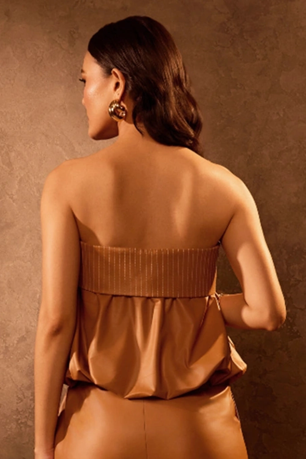 Tan Faux Leather Bubble Tube Top with Stitch Detail