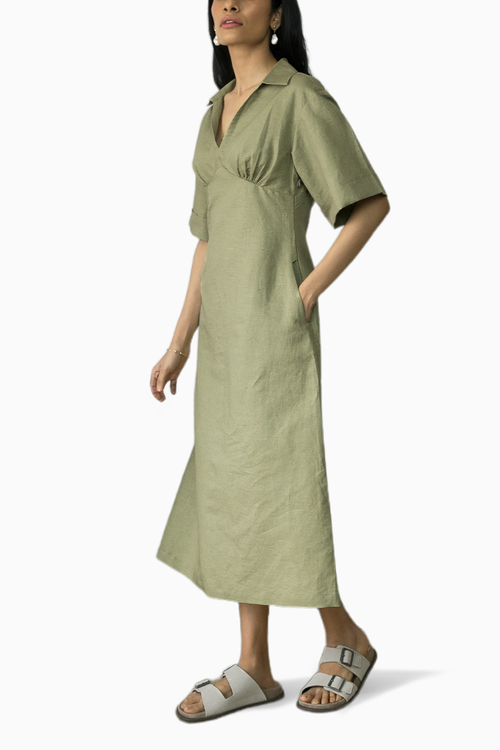 Wide Sleeve Collared Midi Dress