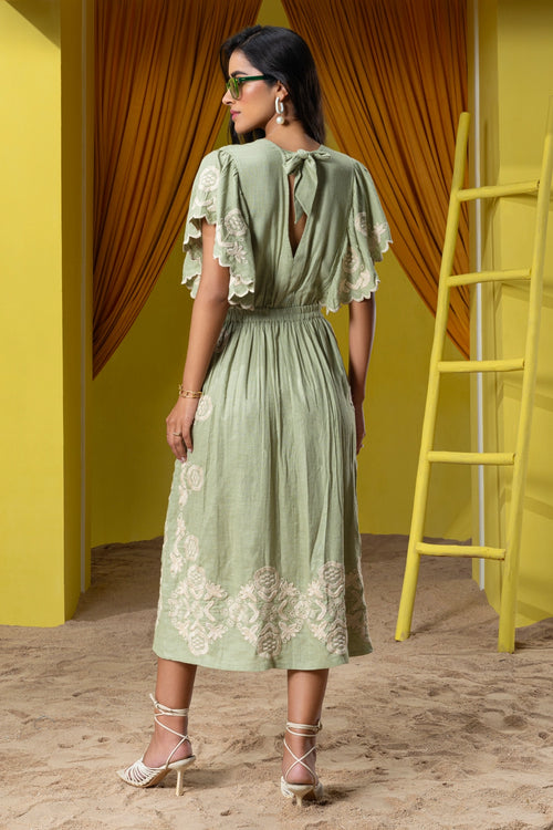 Green Flutter Sleeves Embroidered Midi Dress