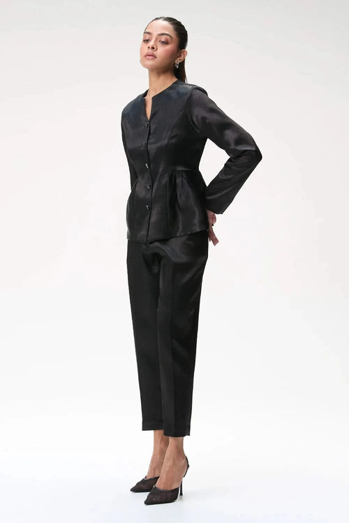 Black Peplum Jacket With Side Gathers and Tapered Trouser