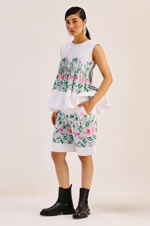 White Floral Peplum Top And Shorts Set