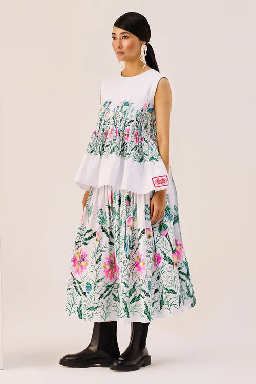 White Floral Peplum Top And Midi Skirt Set