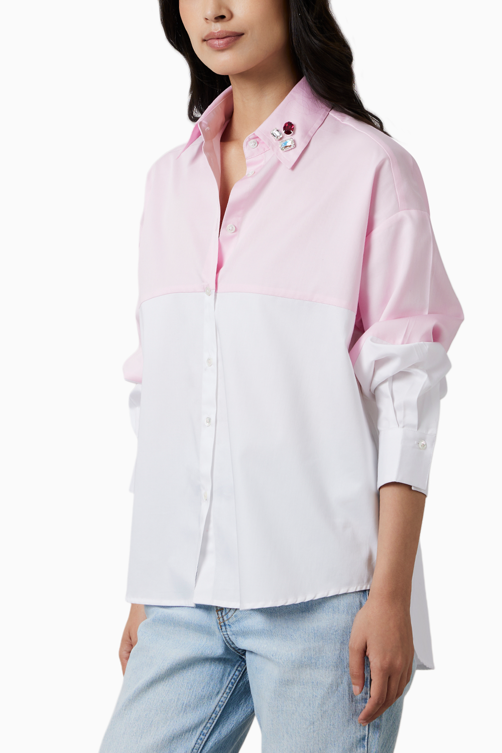 Pastel Pink Block Shirt with Swarovski Collar