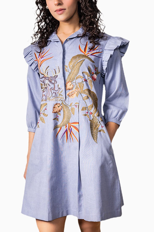 Blue Tropical Embroidered Dress