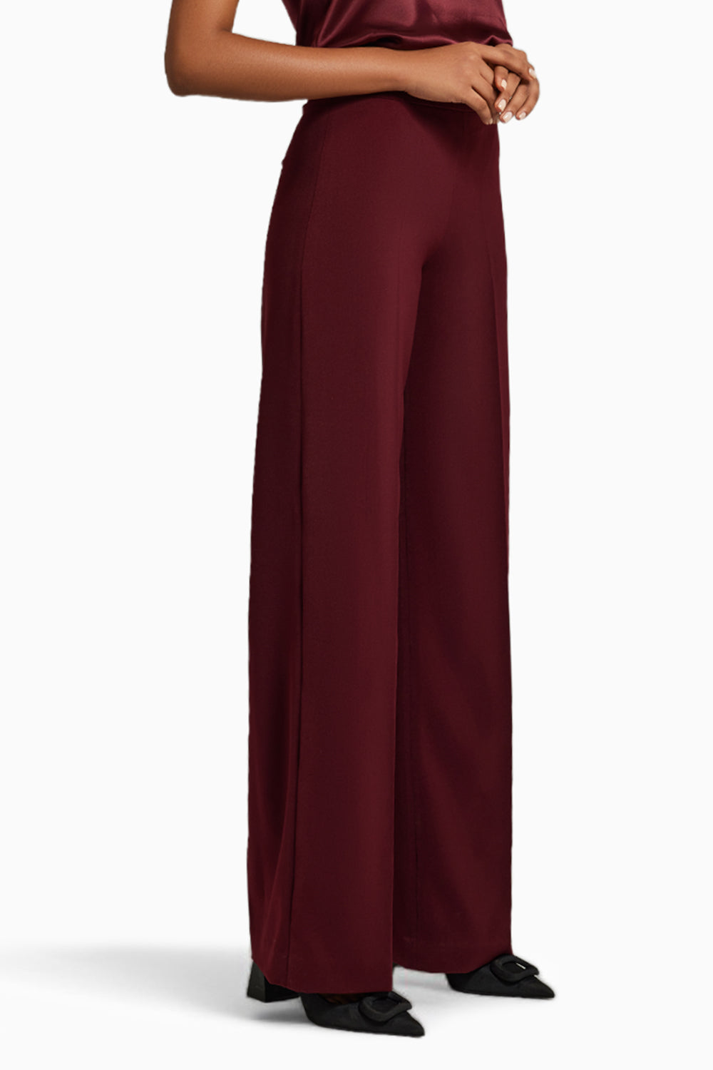 Burgundy Stretch Suiting  Wide-Leg Trousers