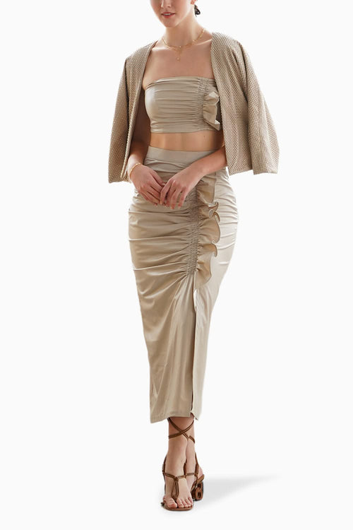 CrÃƒÂ¨me Faux Leather Jacket and Ruffle Skirt with Bustier