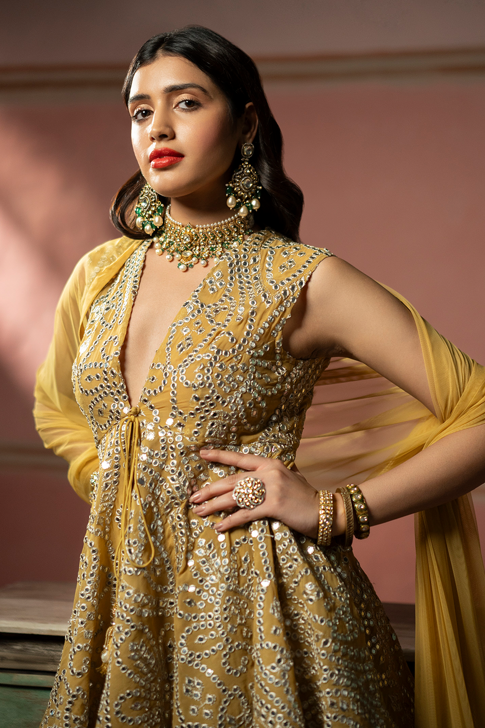 Golden Yellow Mirrorwork High-Low Lehanga Set