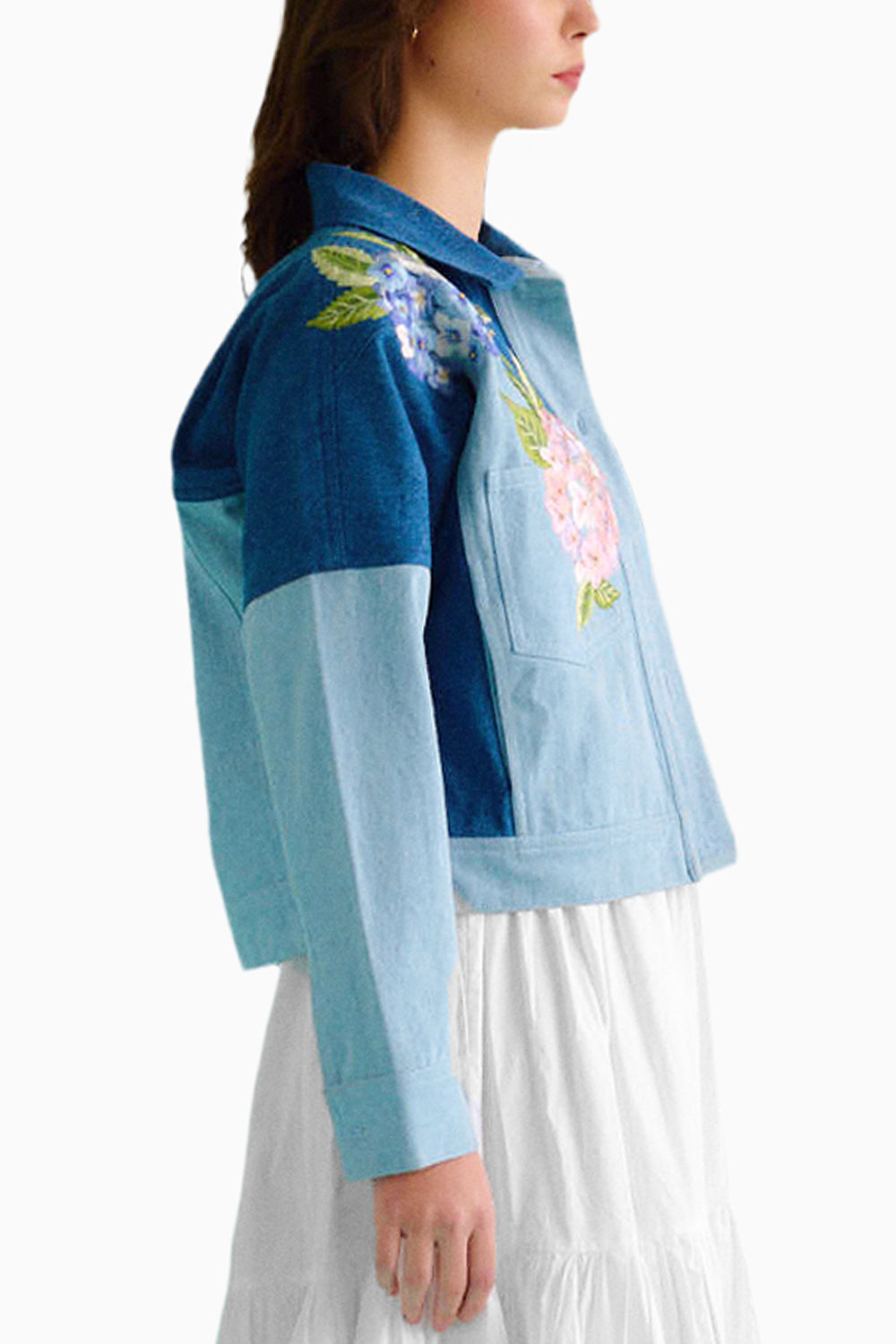 Hydrangea Patterned Jacket Denim Hydrangea Floral Embroidered Jacket