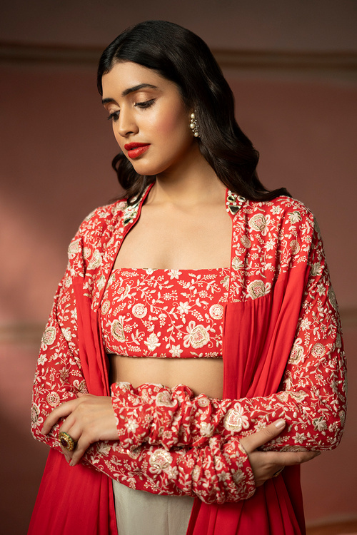 Watermelon Red Embellished Top with Satin Farshi and Bandeau
