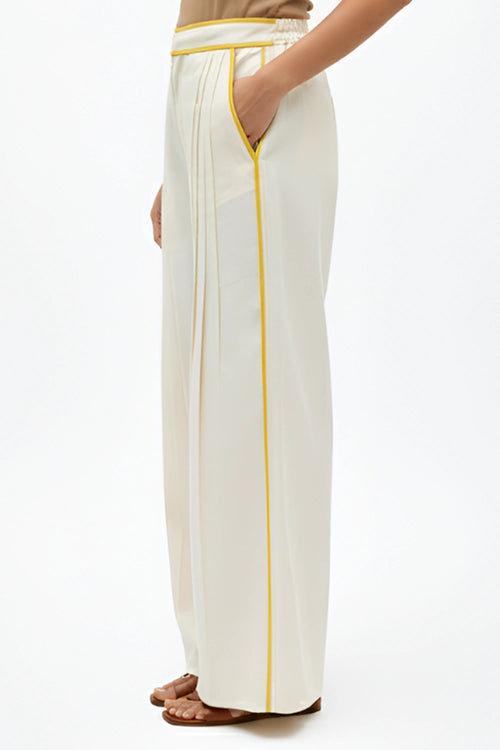 Ivory-Mango Yellow Pintucks Pants